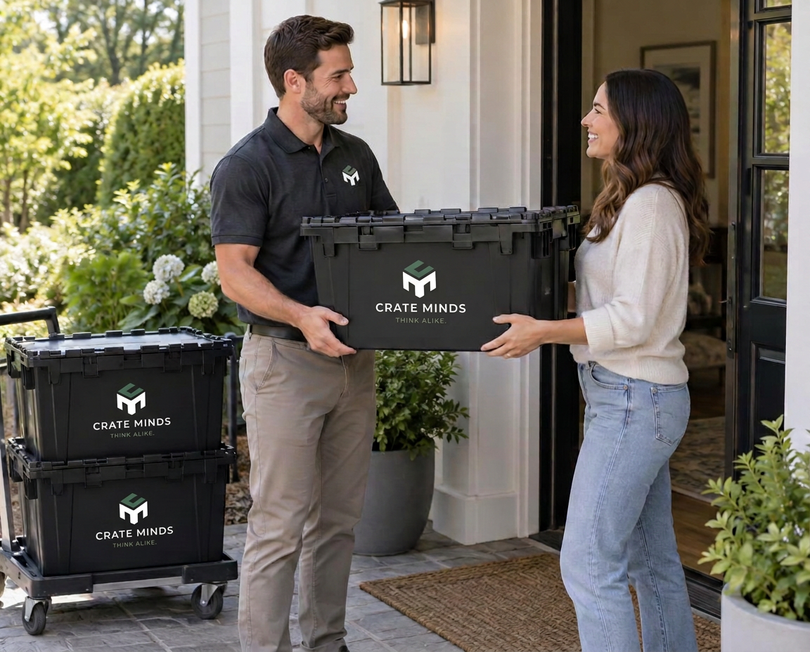 A friendly crate delivery handoff between a delivery worker and a customer at her front door
